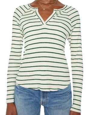 MOTHER DENIM THE SPLIT VARSITY COTTON RIBBED STRIPED LONG SLEEVE TOP MEDIUM